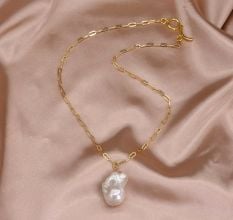 Gold Plated Chain Necklace with Large Baroque Pearl Pendant